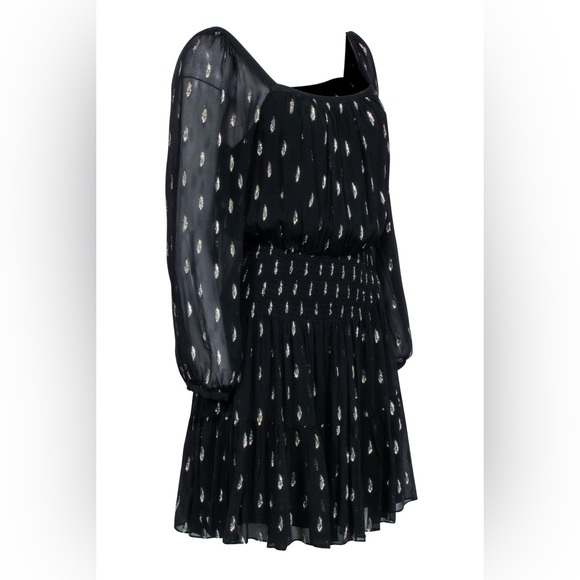 Rebecca Taylor Black Long Sleeve Dress w/ Metallic Gold Details & Smocked Waist - Picture 3 of 7